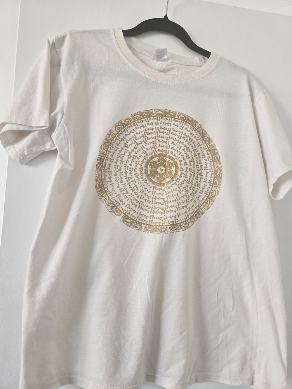 100% Cotton, Made in NEPAL, Cream Graphic Tee with Gold Mandala Print